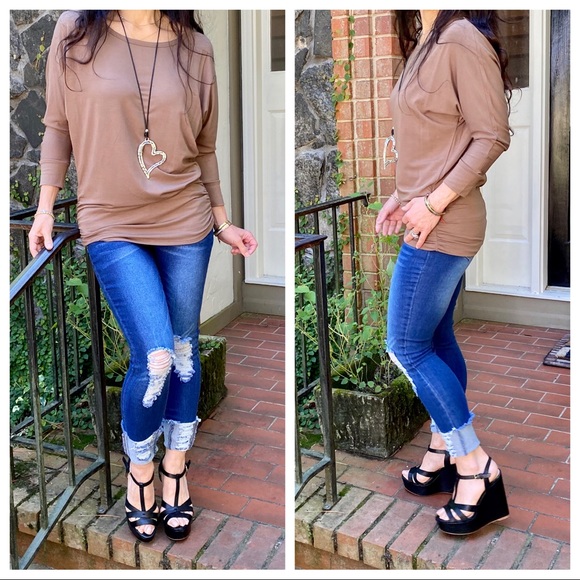 MOCHA DOLMAN BOATNECK 3/4 SLEEVES TUNIC TOP - Picture 9 of 15